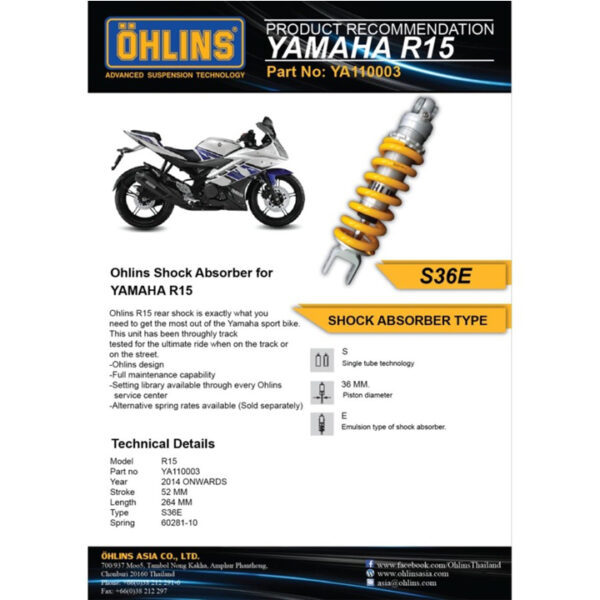Second image of Ohlins YA-110003 Rear Shock Absorber - Yamaha YZF-R15 2014-2016